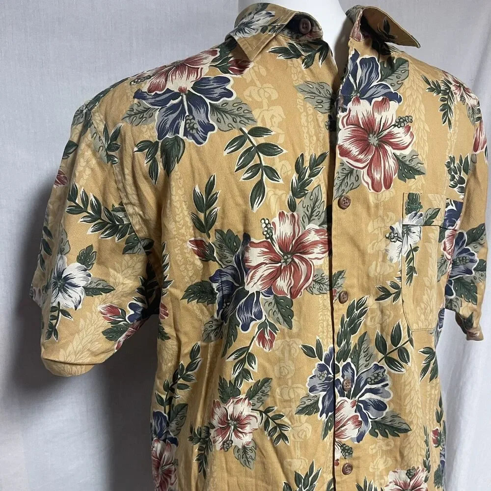 An Original by Tommy Hilfiger Mens Mustard Hawaiian Shirt Floral Hibiscus Large